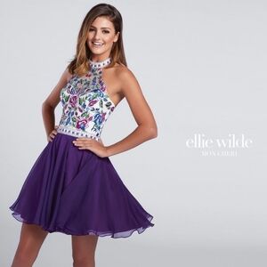 NWT Size 4 Ellie Wilde By Mon Cheri Halter Embroidered Mini Dress